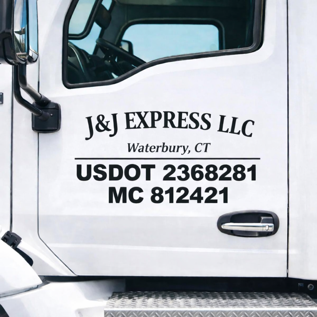 Truck Door Lettering with company name and commercial vehicle numbers