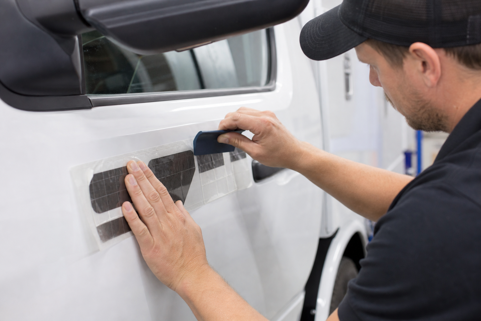 Applying USDOT lettering and vinyl decals to a commercial van for vehicle compliance.